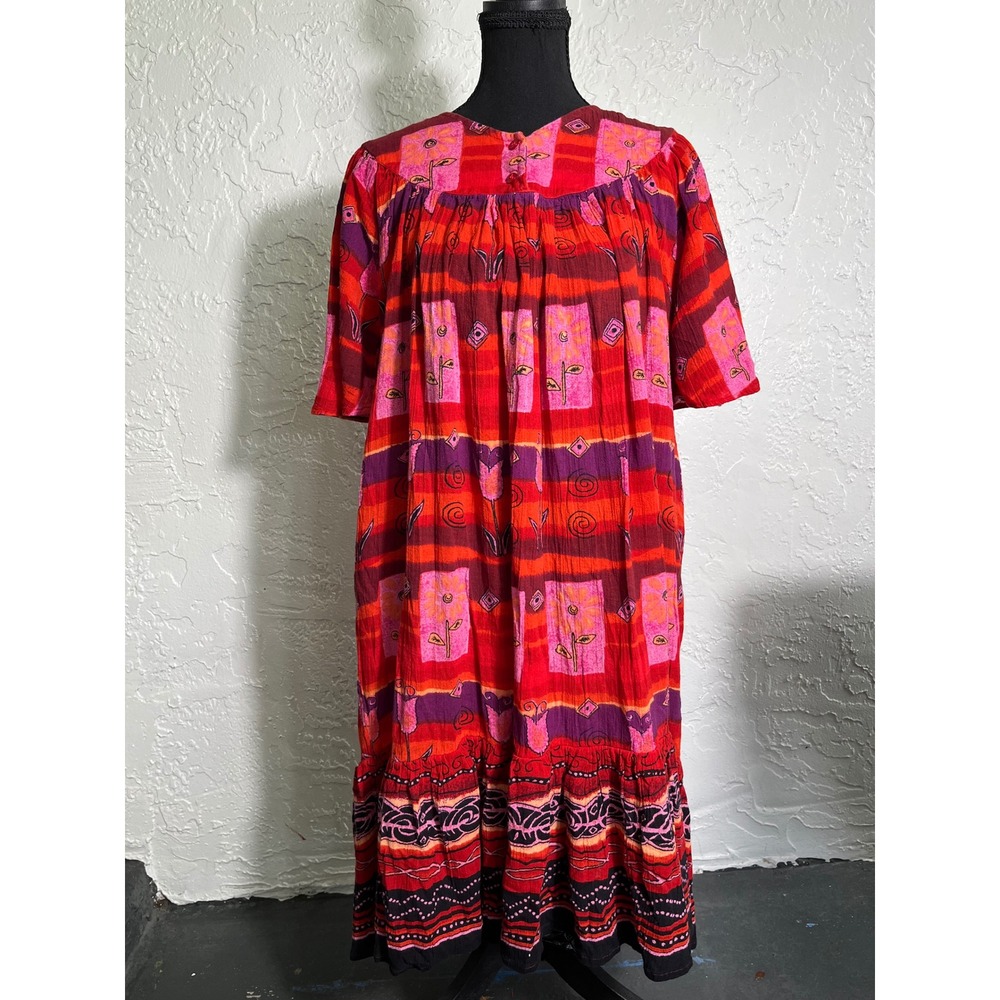 Dee Dee's Cotton Boho Prairie Midi Dress S Red Pink Purple Artsy Print